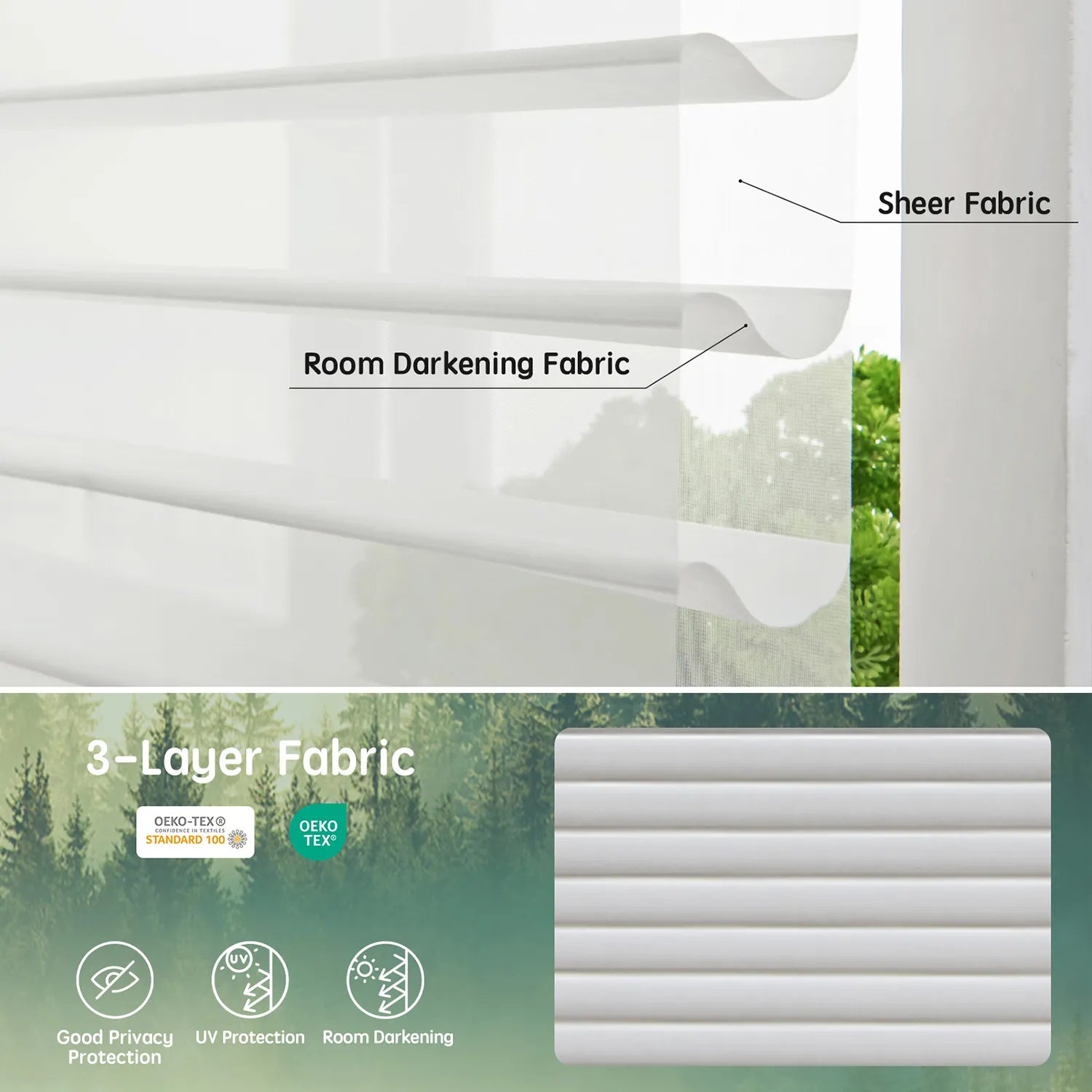 White 75mm 3-layer fabric for horizontal sheer shades, featuring one room darkening layer and two sheer layers for balanced light control, UV protection, and certified safety.