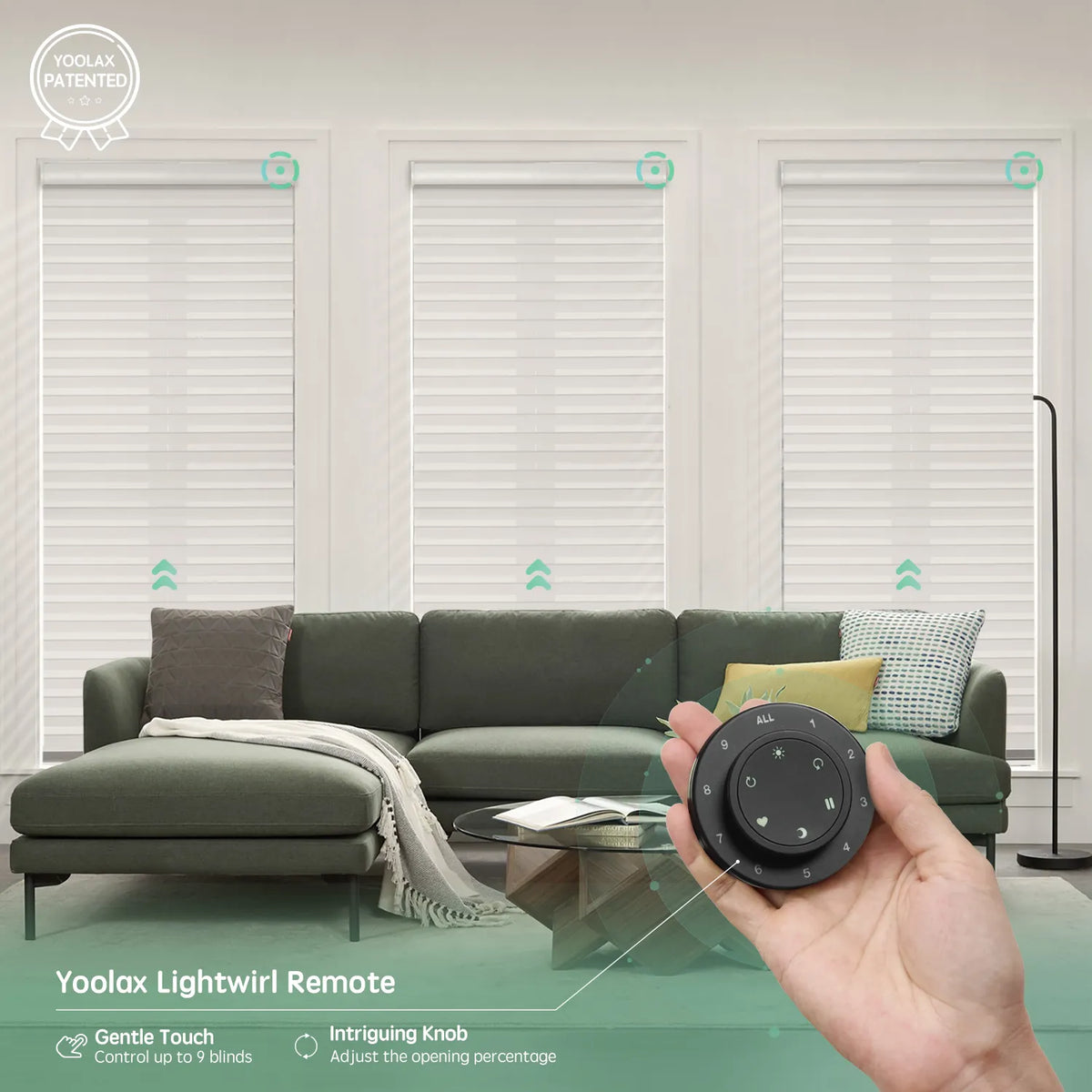White 75mm sheer horizontal shades with remote control, supporting up to 16 shades simultaneously.