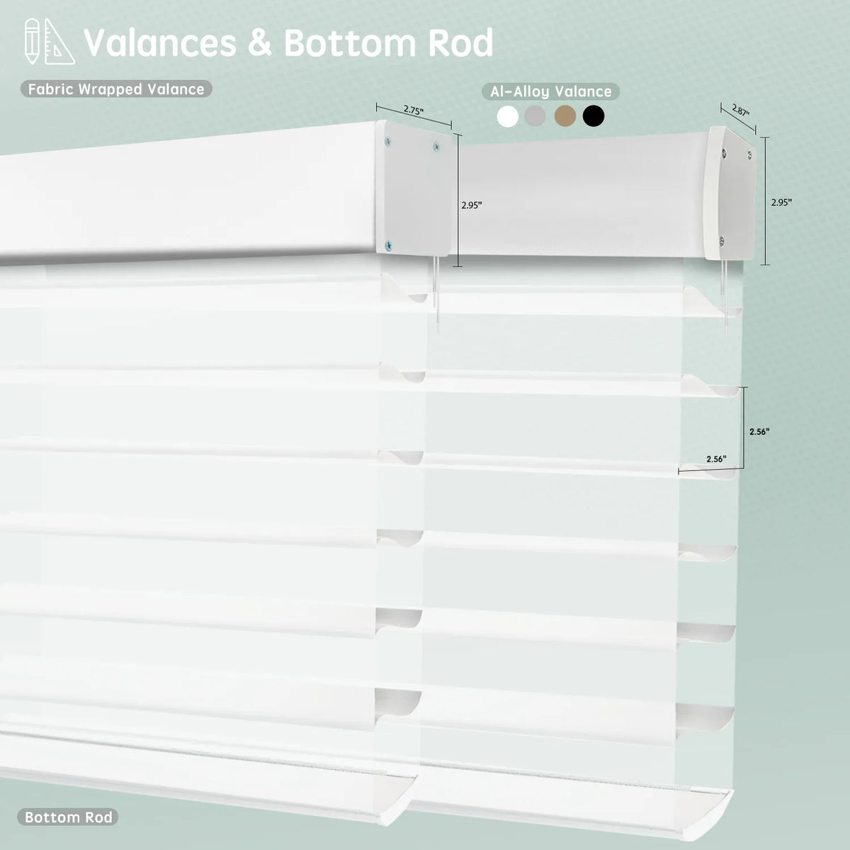 Sheer horizontal shades with white fabric-wrapped or aluminum valance options, featuring bottom rods for a clean, structured finish.