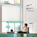 White 75mm sheer horizontal shades with voice control, compatible with Alexa, Google Home, Apple HomeKit, and more.