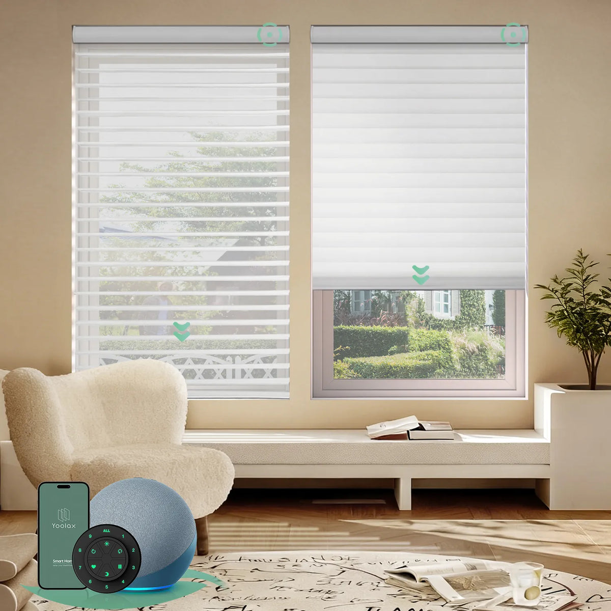 Motorized sheer horizontal shades with wide white room darkening fabric, offering soft light and moderate privacy through smart control.