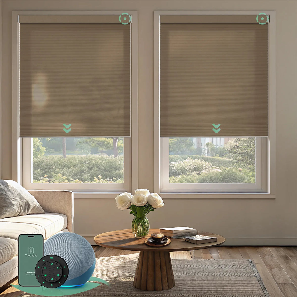 Motorized light-filtering cellular shades in brown fabric for living room.