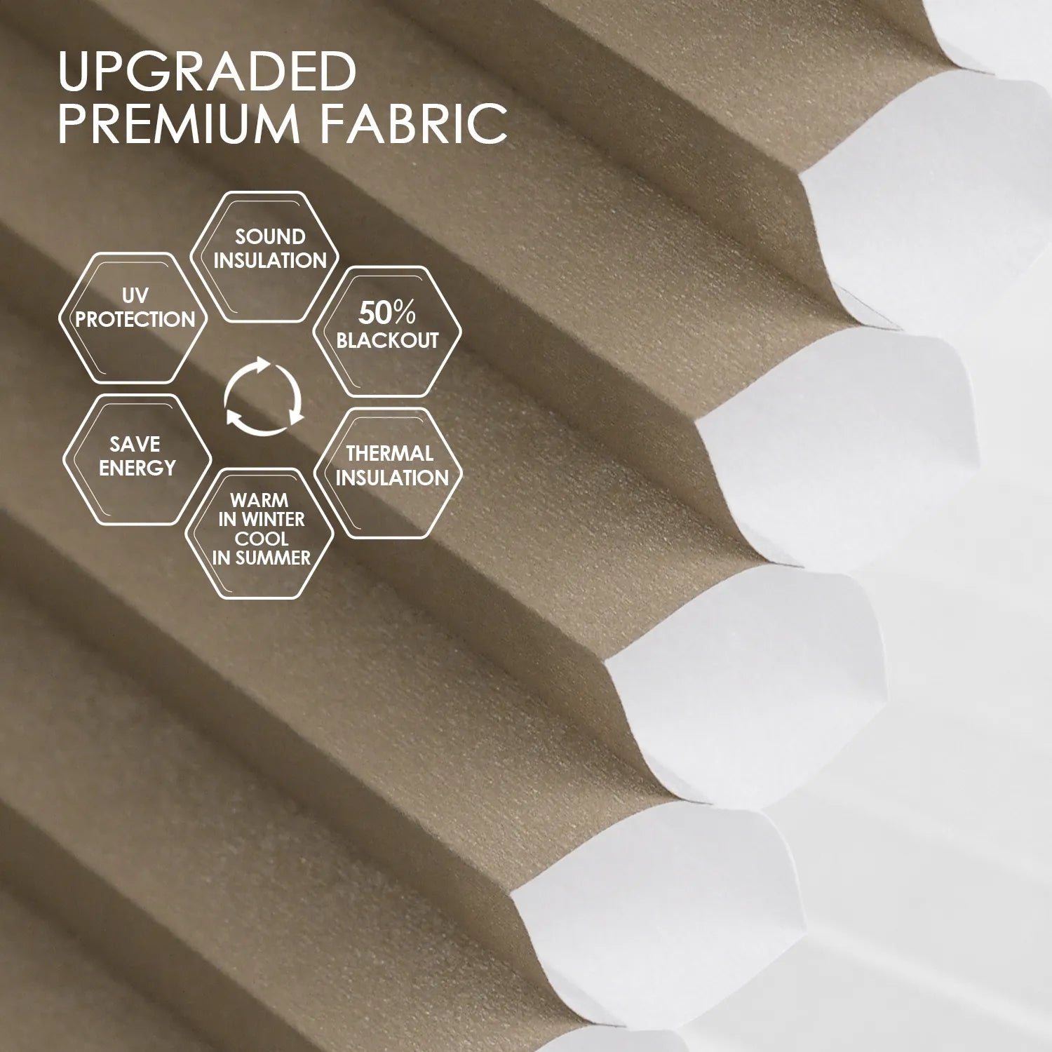 Light-filtering cellular fabric with 50% blackout, sound and thermal insulation, and UV protection for energy saving and year-round comfort.
