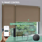 Brown motorized light-filtering cellular shades controllable via mobile app or Alexa.