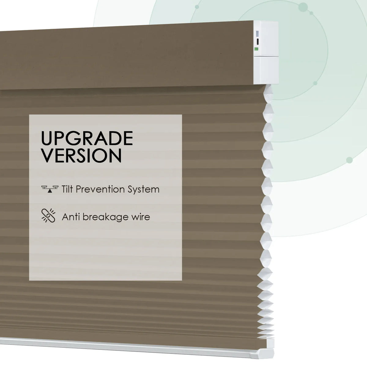 Brown motorized light-filtering cellular shades with stable design, including tilt prevention system and anti-breakage wire.
