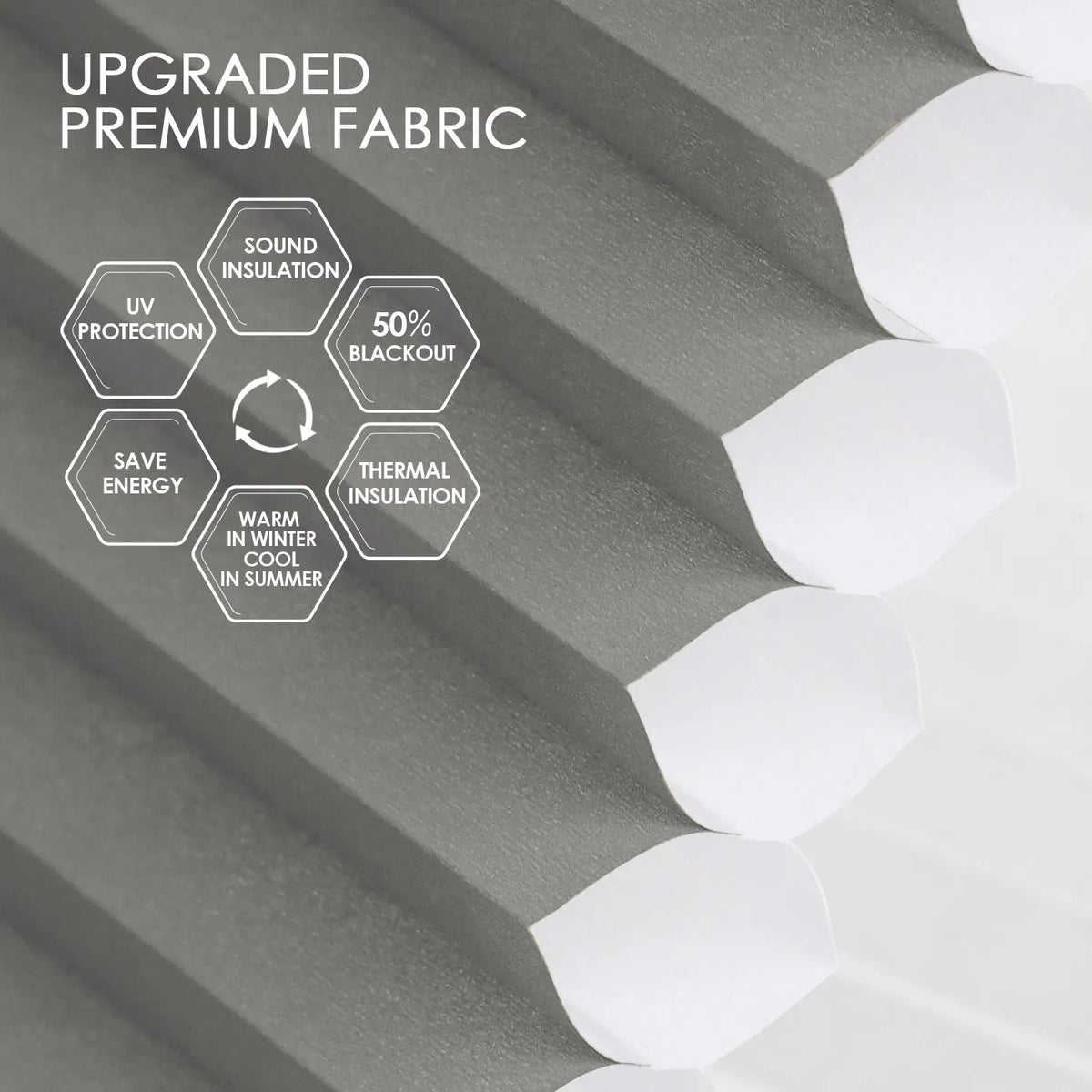 Light-filtering cellular fabric with 50% blackout, sound and thermal insulation, and UV protection for energy saving and year-round comfort.