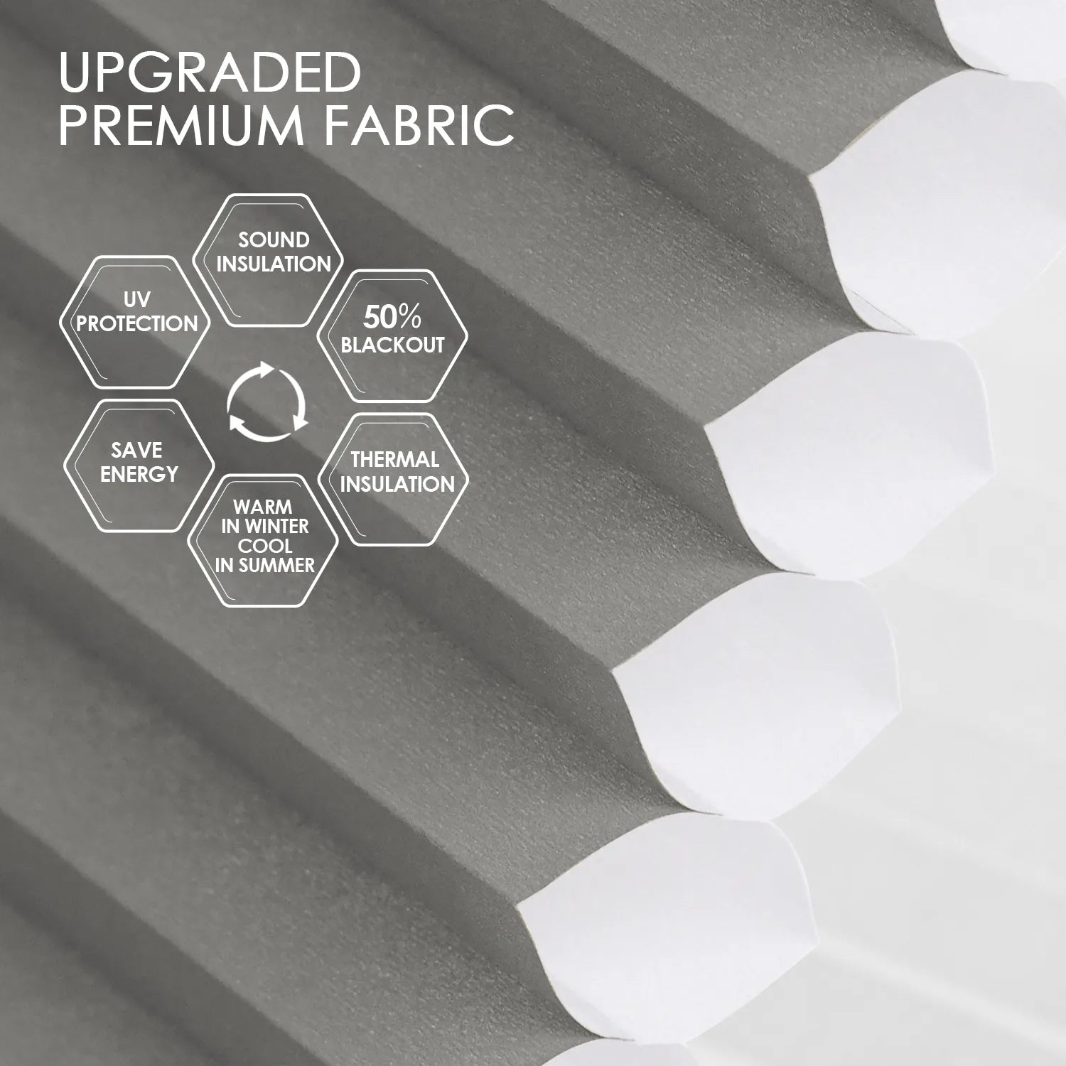 Light-filtering cellular fabric with 50% blackout, sound and thermal insulation, and UV protection for energy saving and year-round comfort.