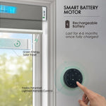 Dark grey motorized light-filtering cellular shades with rechargeable motor and solar charging.