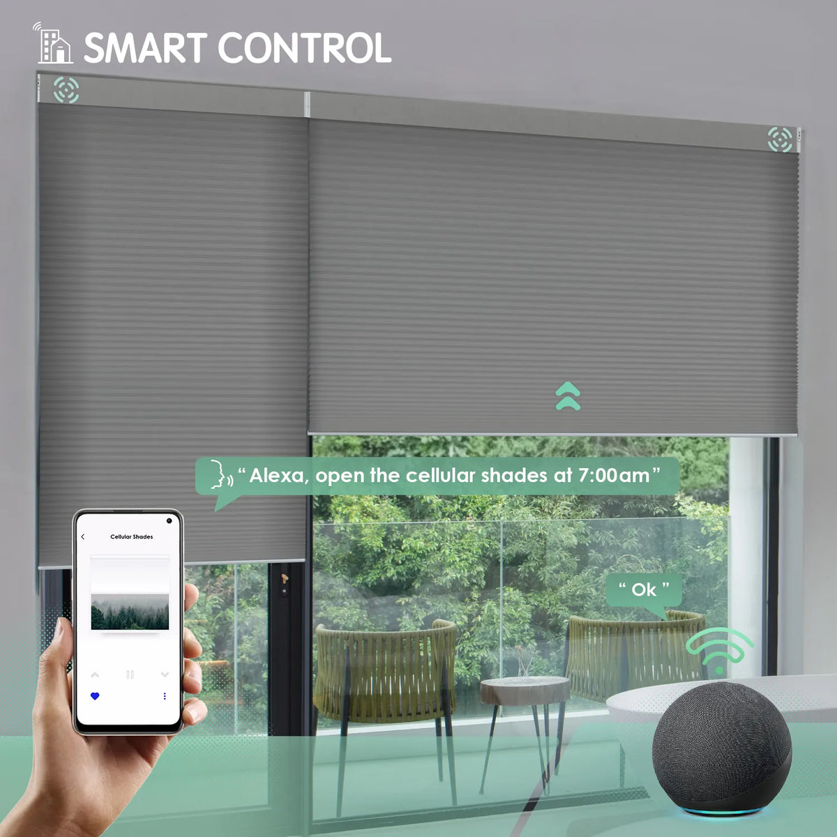 Dark grey motorized light-filtering cellular shades controllable via mobile app or Alexa.