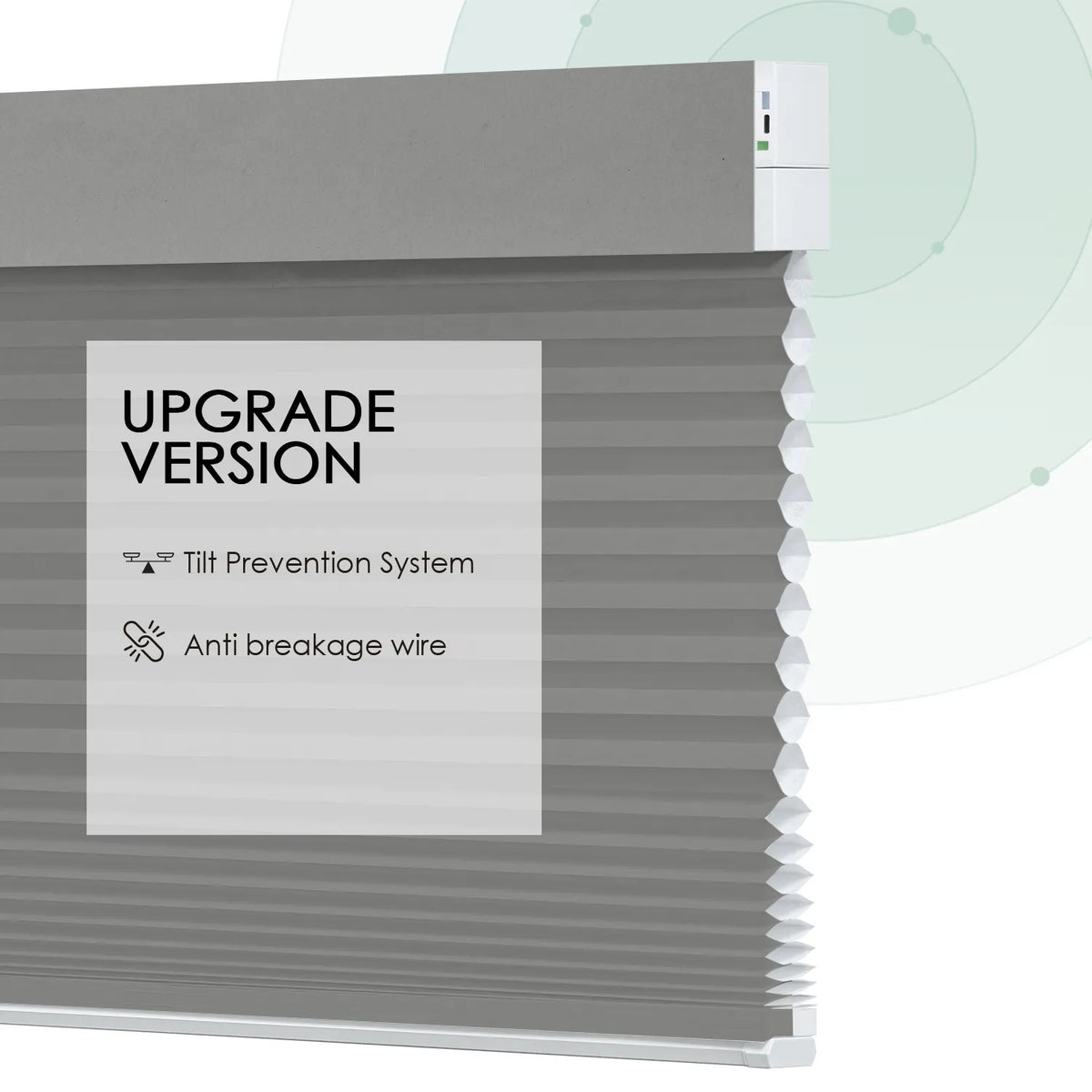 Dark grey motorized light-filtering cellular shades with stable design, including tilt prevention system and anti-breakage wire.