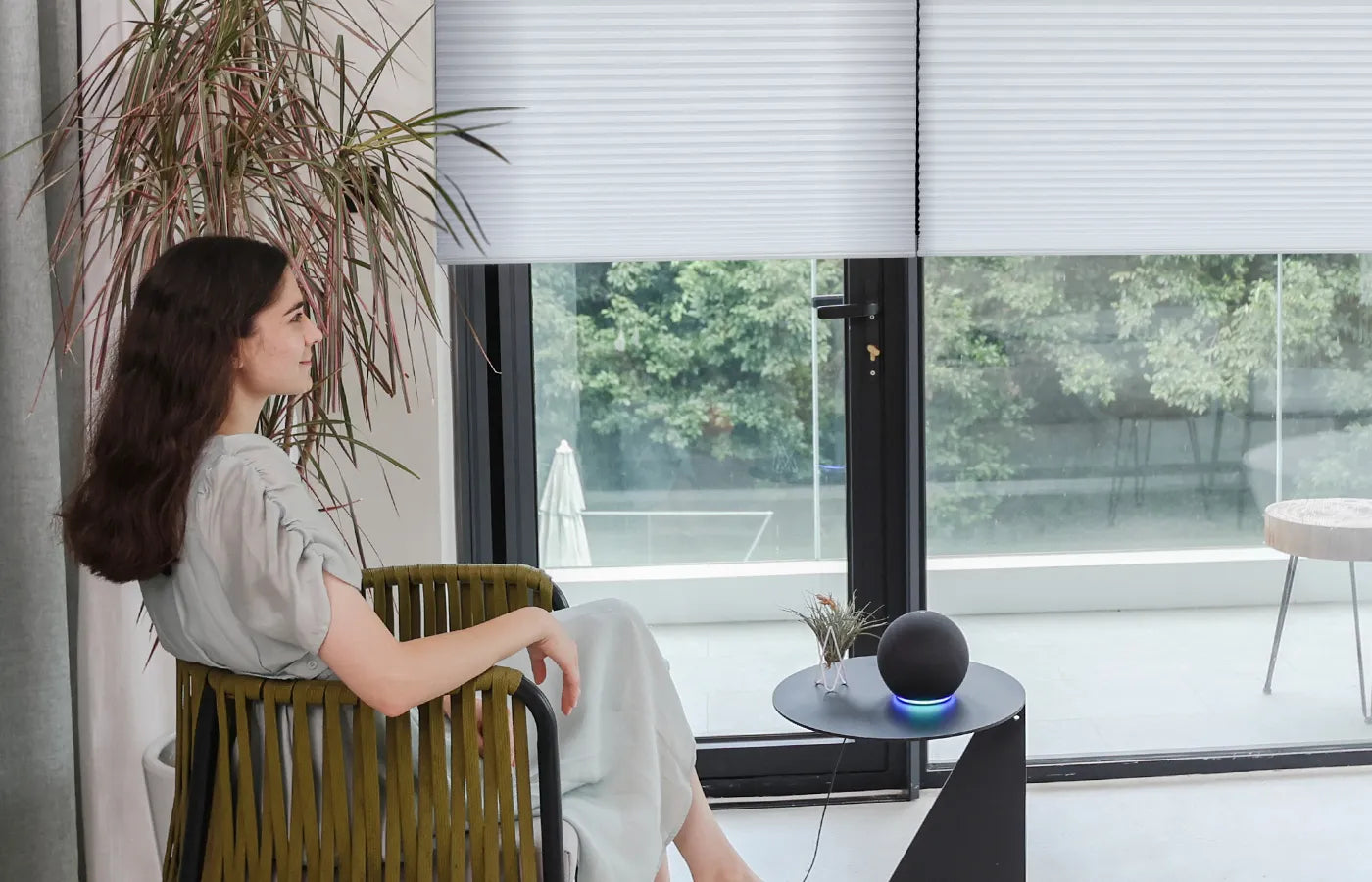 Motorized light-filtering cellular shades with smart control, including remote access, scheduling, and custom routines for added convenience and comfort.