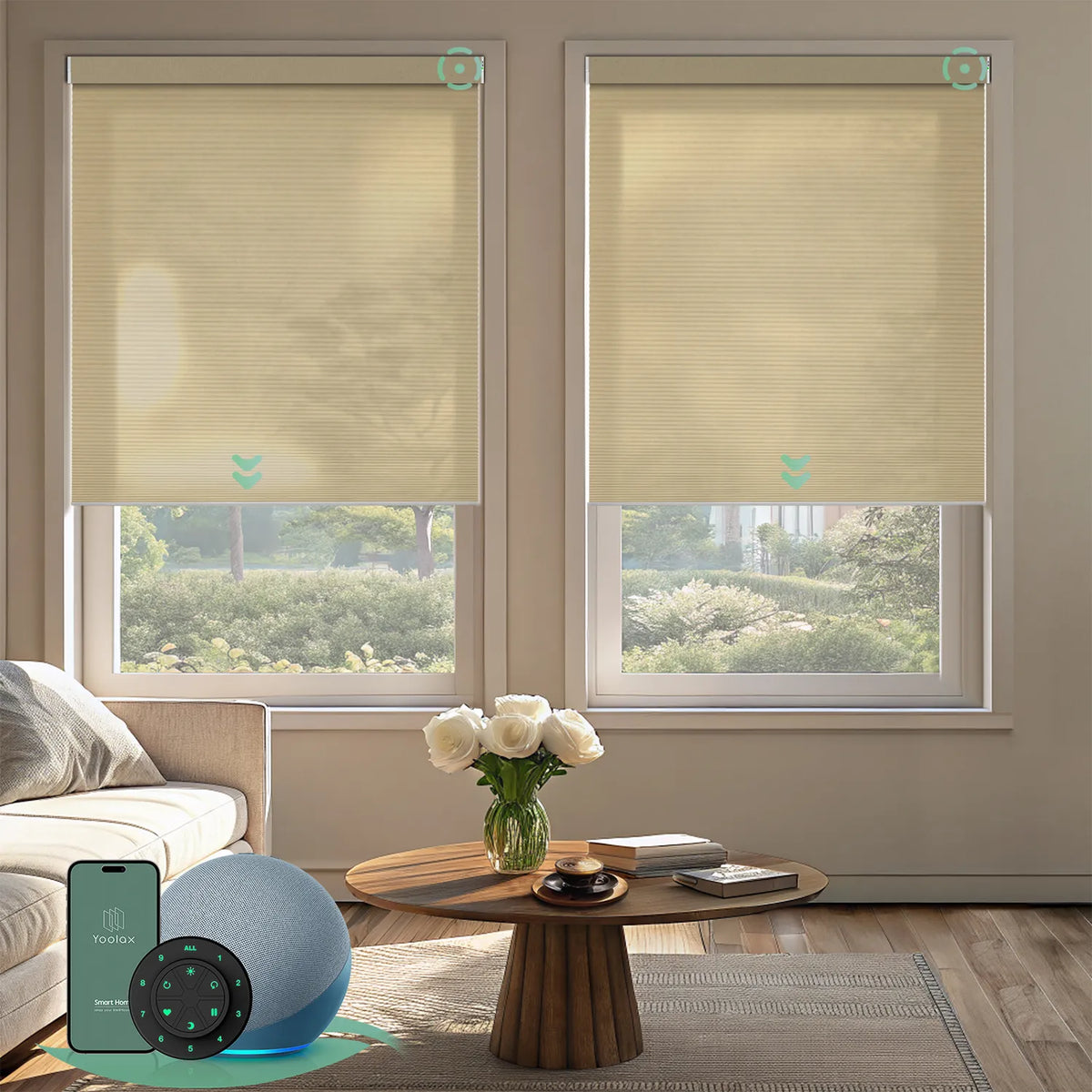 Motorized light-filtering cellular shades in light coffee fabric for living room.