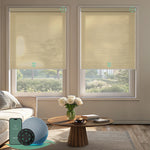 Motorized light-filtering cellular shades in light coffee fabric for living room.