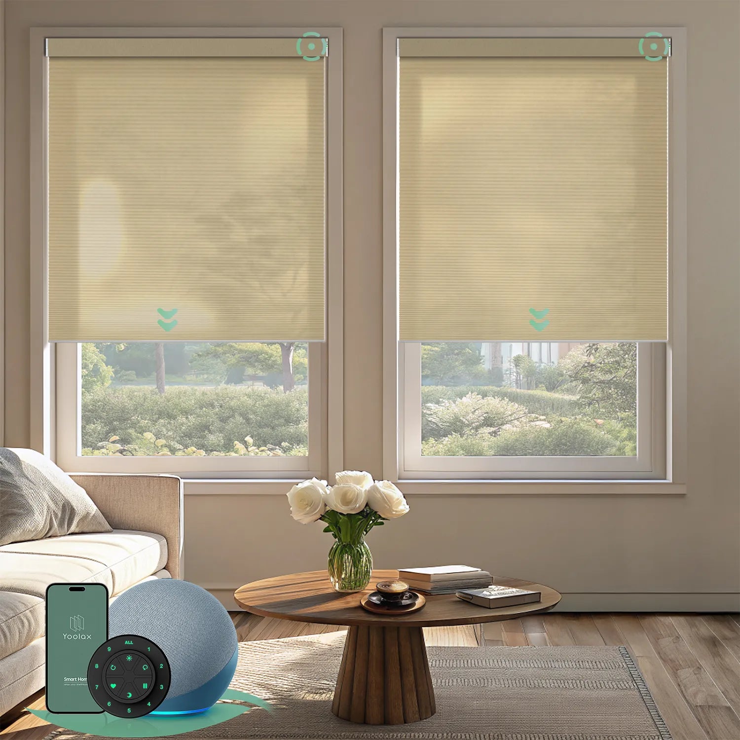 Motorized light-filtering cellular shades in light coffee fabric for living room.