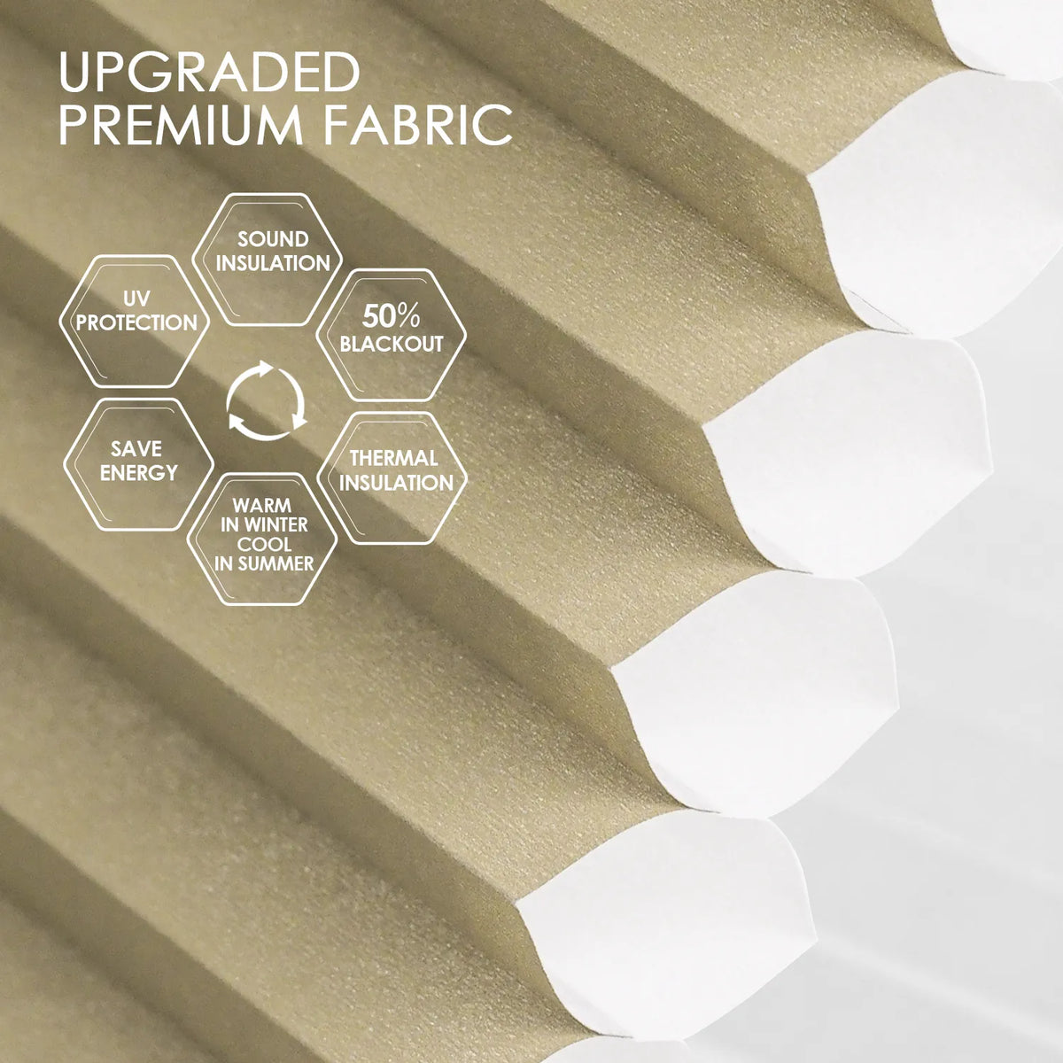 Light-filtering cellular fabric with 50% blackout, sound and thermal insulation, and UV protection for energy saving and year-round comfort.