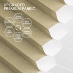 Light-filtering cellular fabric with 50% blackout, sound and thermal insulation, and UV protection for energy saving and year-round comfort.