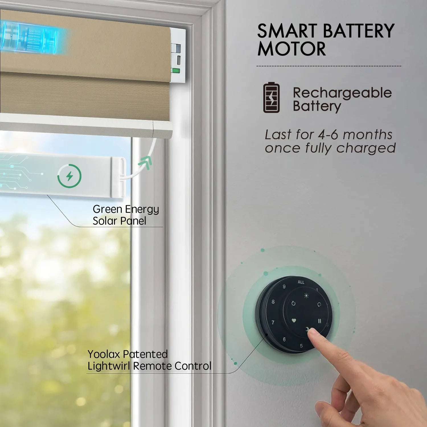 Light coffee motorized light-filtering cellular shades with rechargeable motor and solar charging.