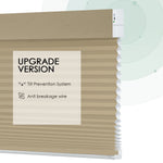 Light coffee motorized light-filtering cellular shades with stable design, including tilt prevention system and anti-breakage wire.