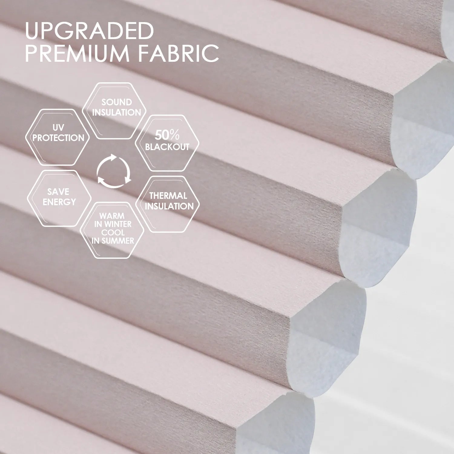 Light-filtering cellular fabric with 50% blackout, sound and thermal insulation, and UV protection for energy saving and year-round comfort.