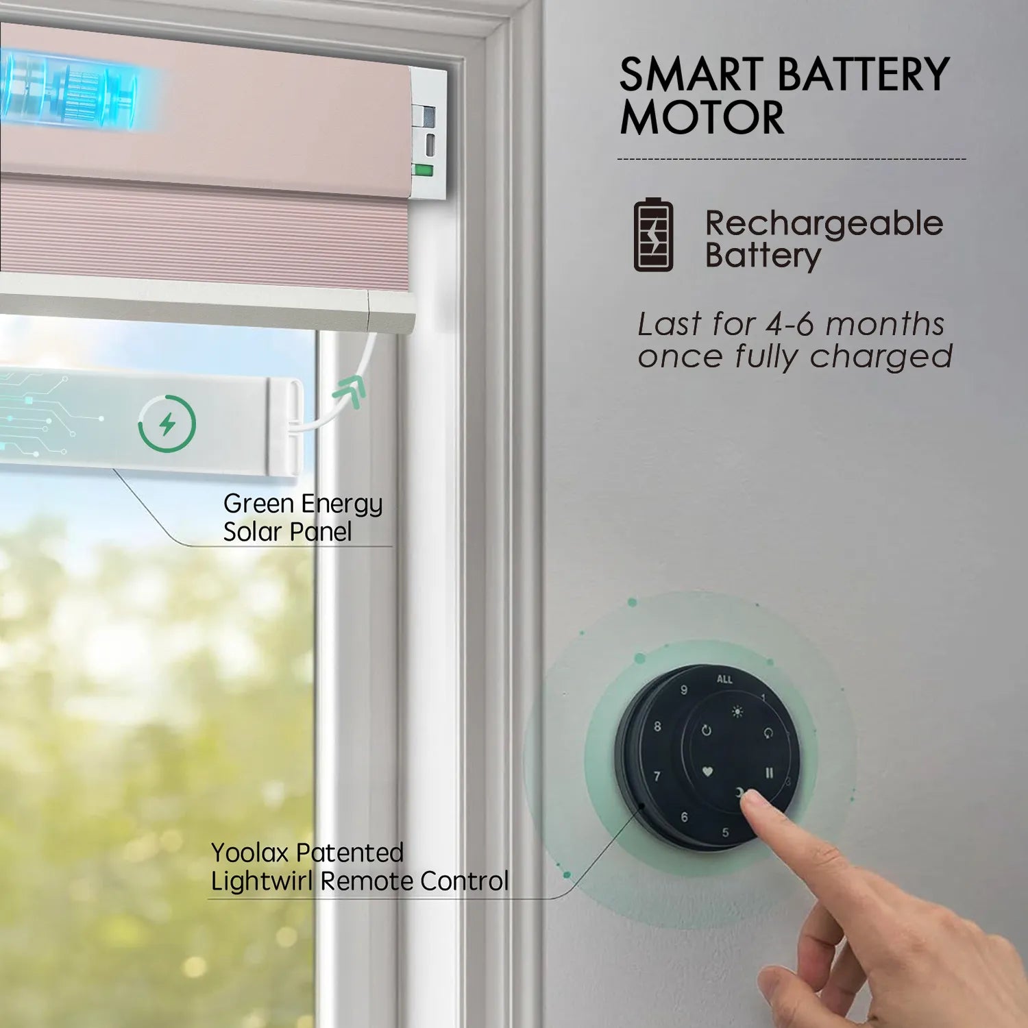 Light pink motorized light-filtering cellular shades with rechargeable motor and solar charging.