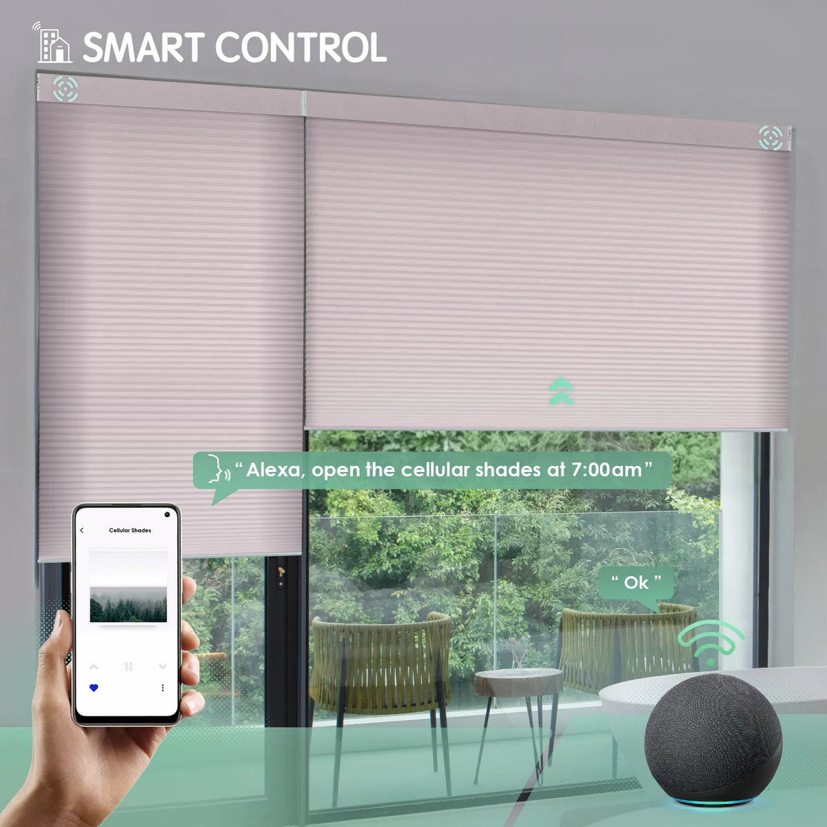 Light pink motorized light-filtering cellular shades controllable via mobile app or Alexa.