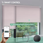 Light pink motorized light-filtering cellular shades controllable via mobile app or Alexa.