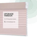 Light pink motorized light-filtering cellular shades with stable design, including tilt prevention system and anti-breakage wire.