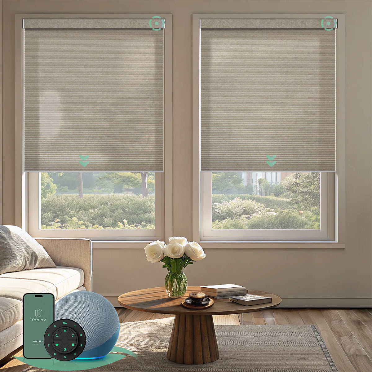 Motorized light-filtering cellular shades in Texture light coffee fabric for living room.