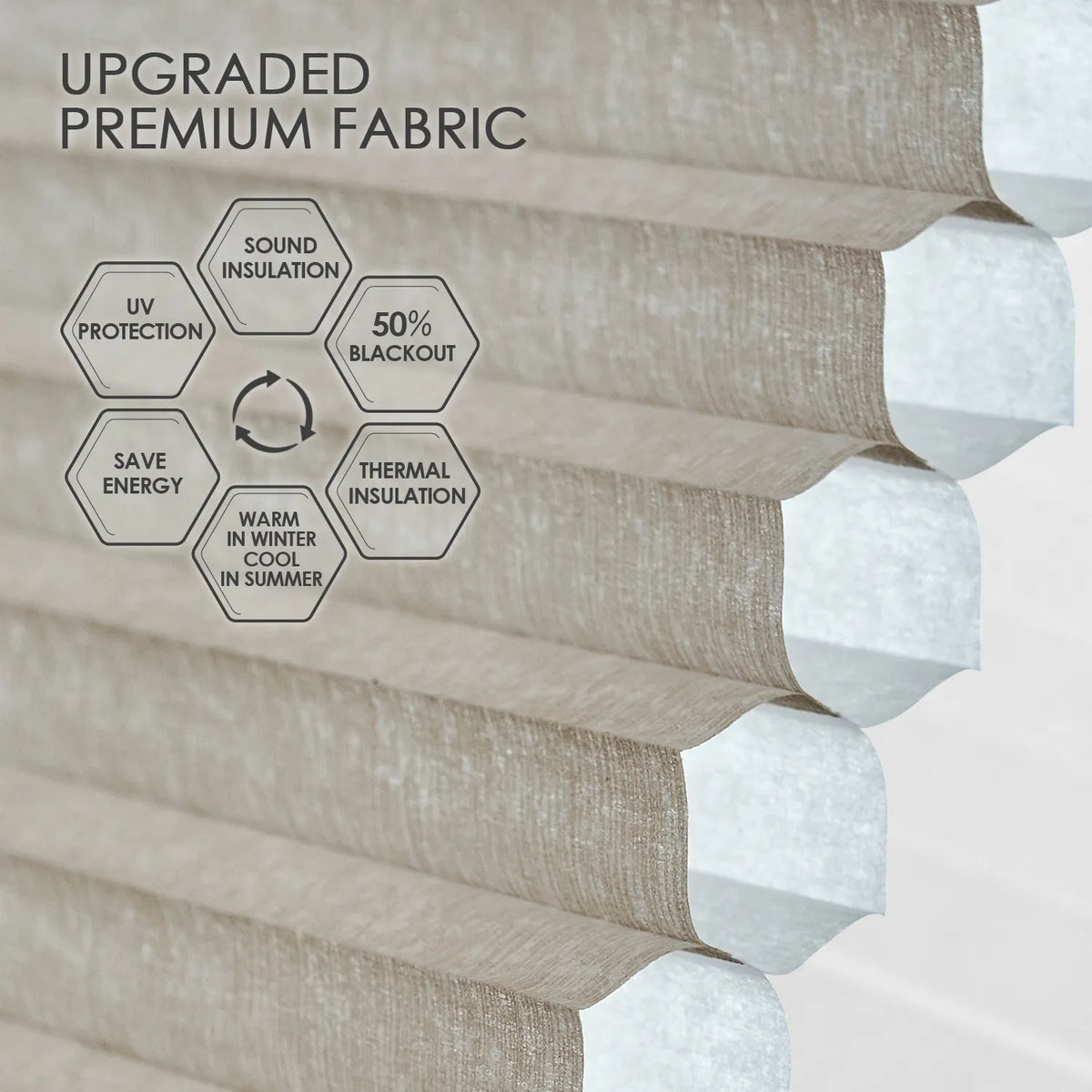 Light-filtering texture cellular fabric with 50% blackout, sound and thermal insulation, and UV protection for energy saving and year-round comfort.