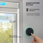 Texture light coffee motorized light-filtering cellular shades with rechargeable motor and solar charging.