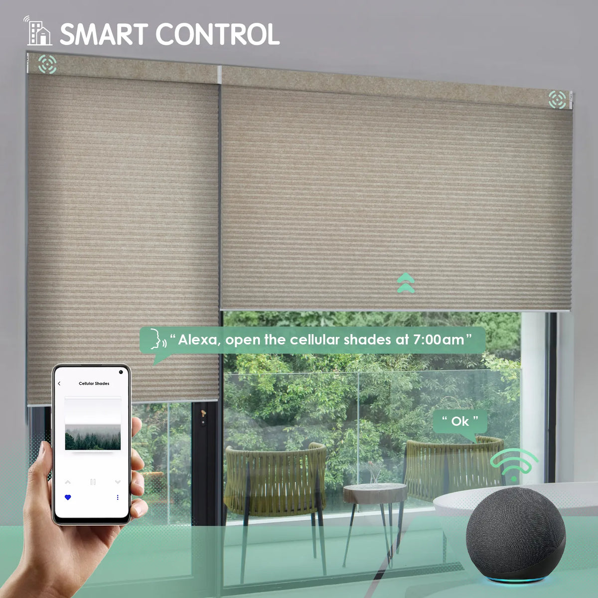 Texture light coffee motorized light-filtering cellular shades controllable via mobile app or Alexa.