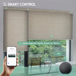 Texture light coffee motorized light-filtering cellular shades controllable via mobile app or Alexa.