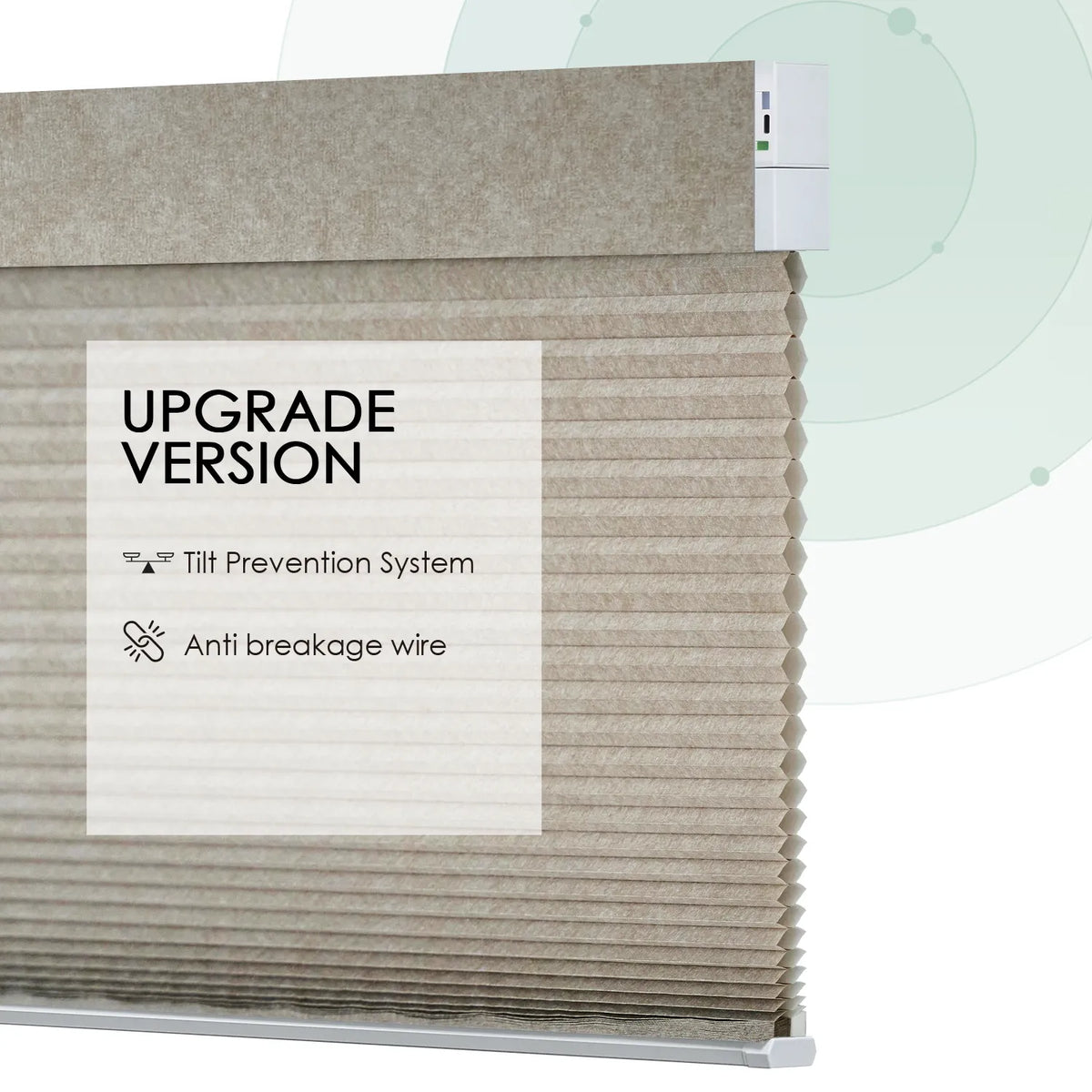 Texture Light coffee motorized light-filtering cellular shades with stable design, including tilt prevention system and anti-breakage wire.