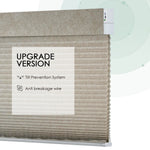 Texture Light coffee motorized light-filtering cellular shades with stable design, including tilt prevention system and anti-breakage wire.