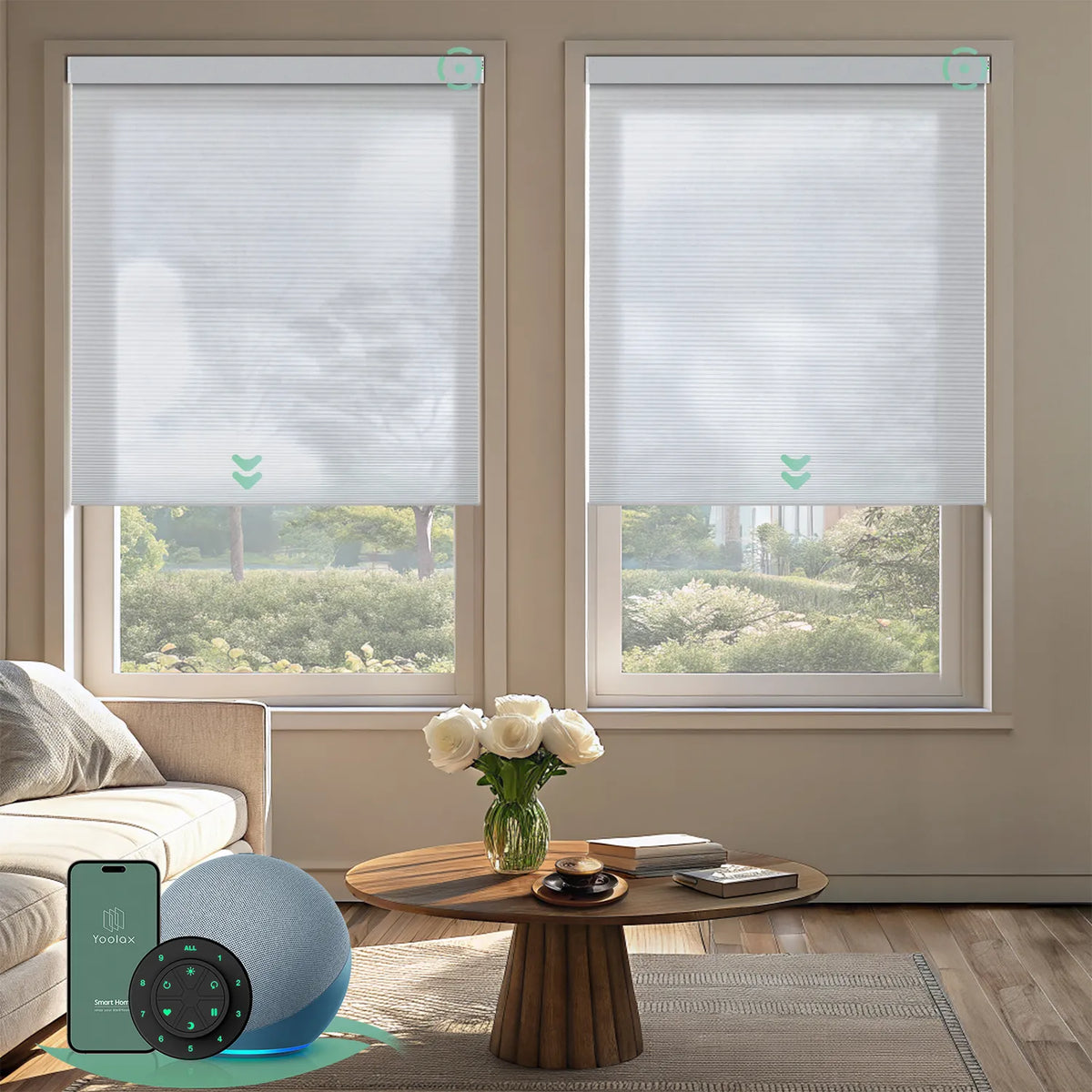 Motorized light-filtering cellular shades in white fabric for living room.
