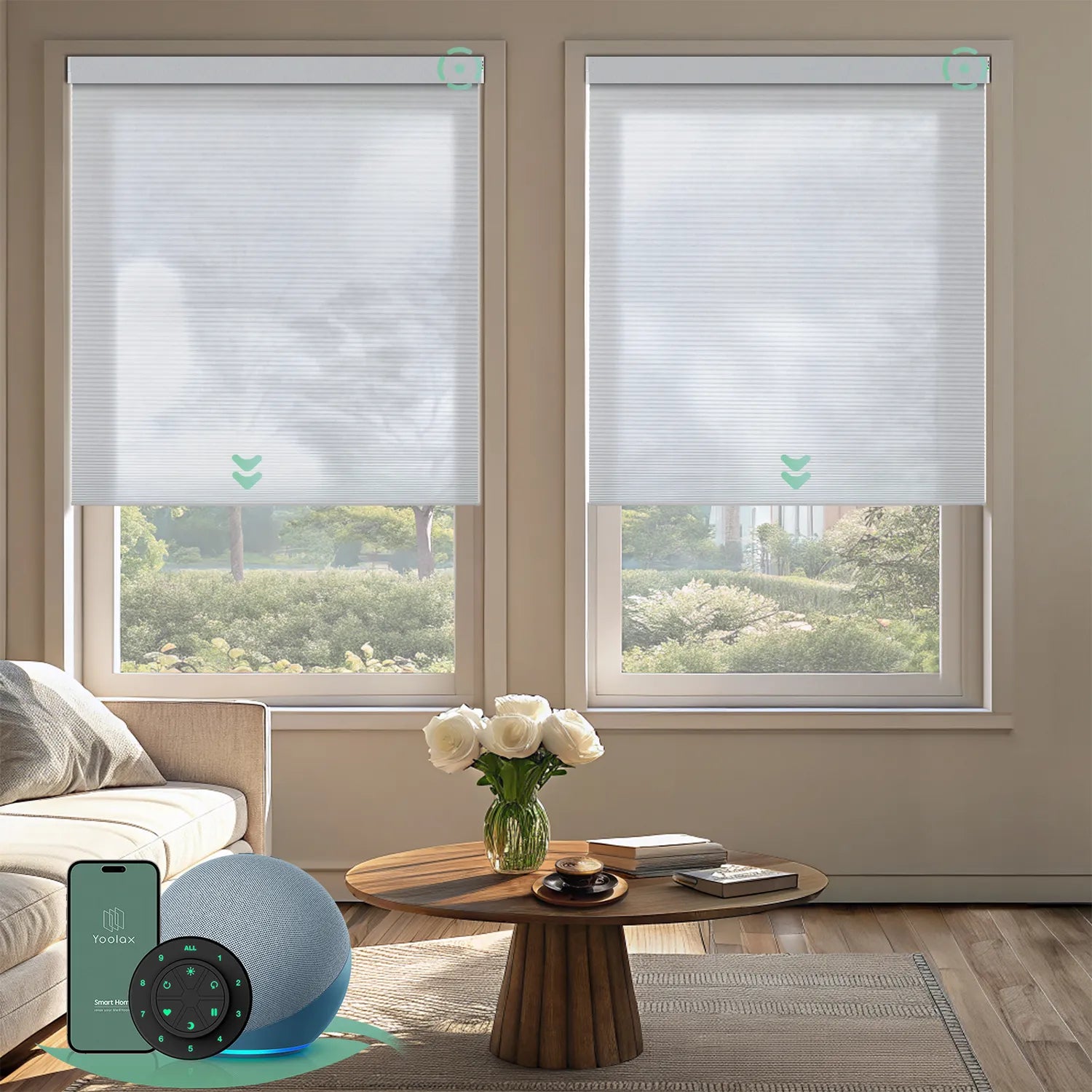 Motorized light-filtering cellular shades in white fabric for living room.