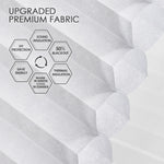Light-filtering cellular fabric with 50% blackout, sound and thermal insulation, and UV protection for energy saving and year-round comfort.