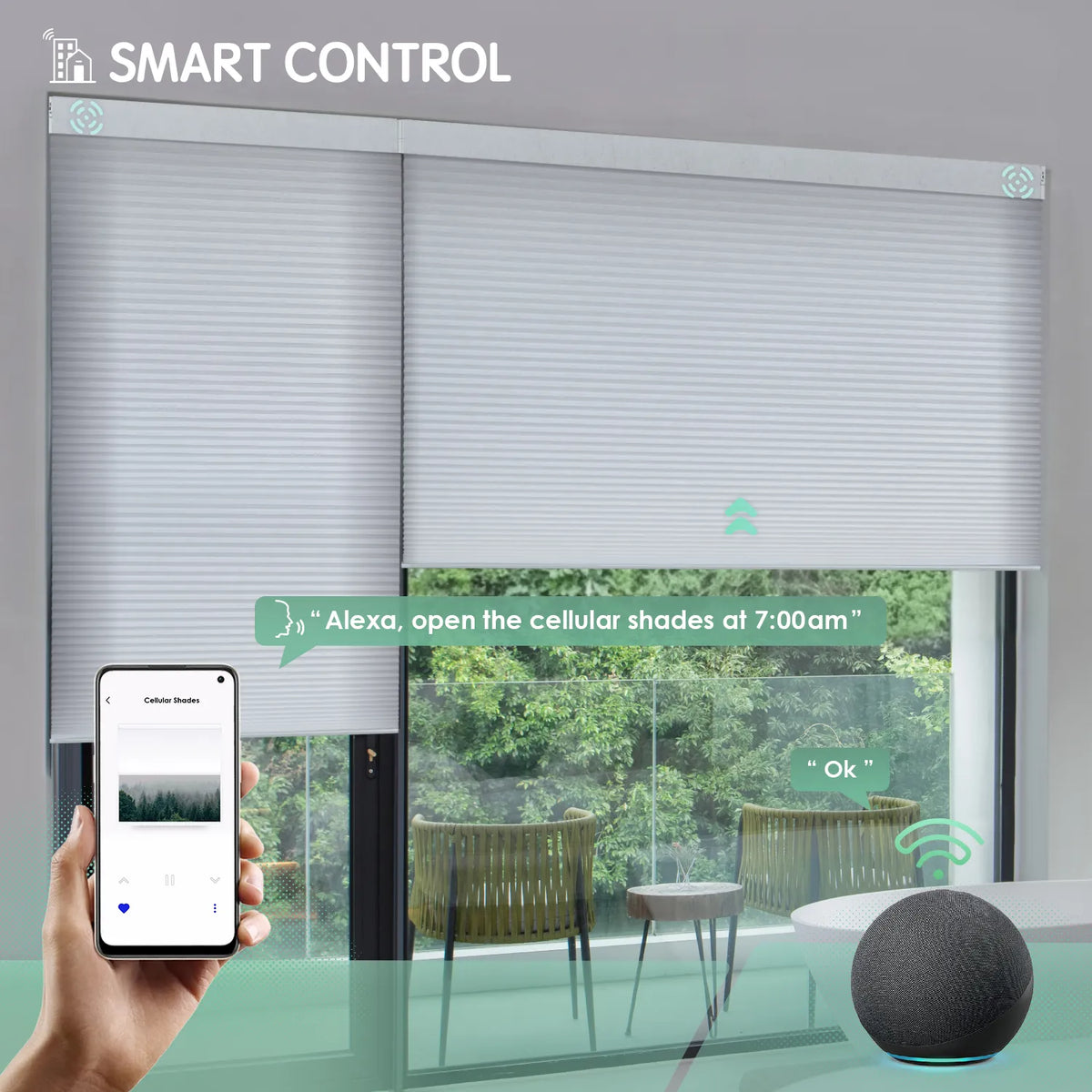 White motorized light-filtering cellular shades controllable via mobile app or Alexa.