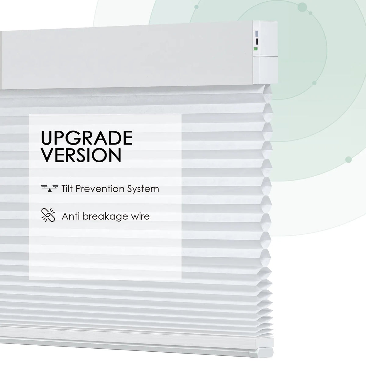 White motorized light-filtering cellular shades with stable design, including tilt prevention system and anti-breakage wire.