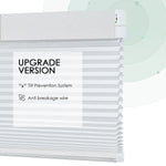 White motorized light-filtering cellular shades with stable design, including tilt prevention system and anti-breakage wire.