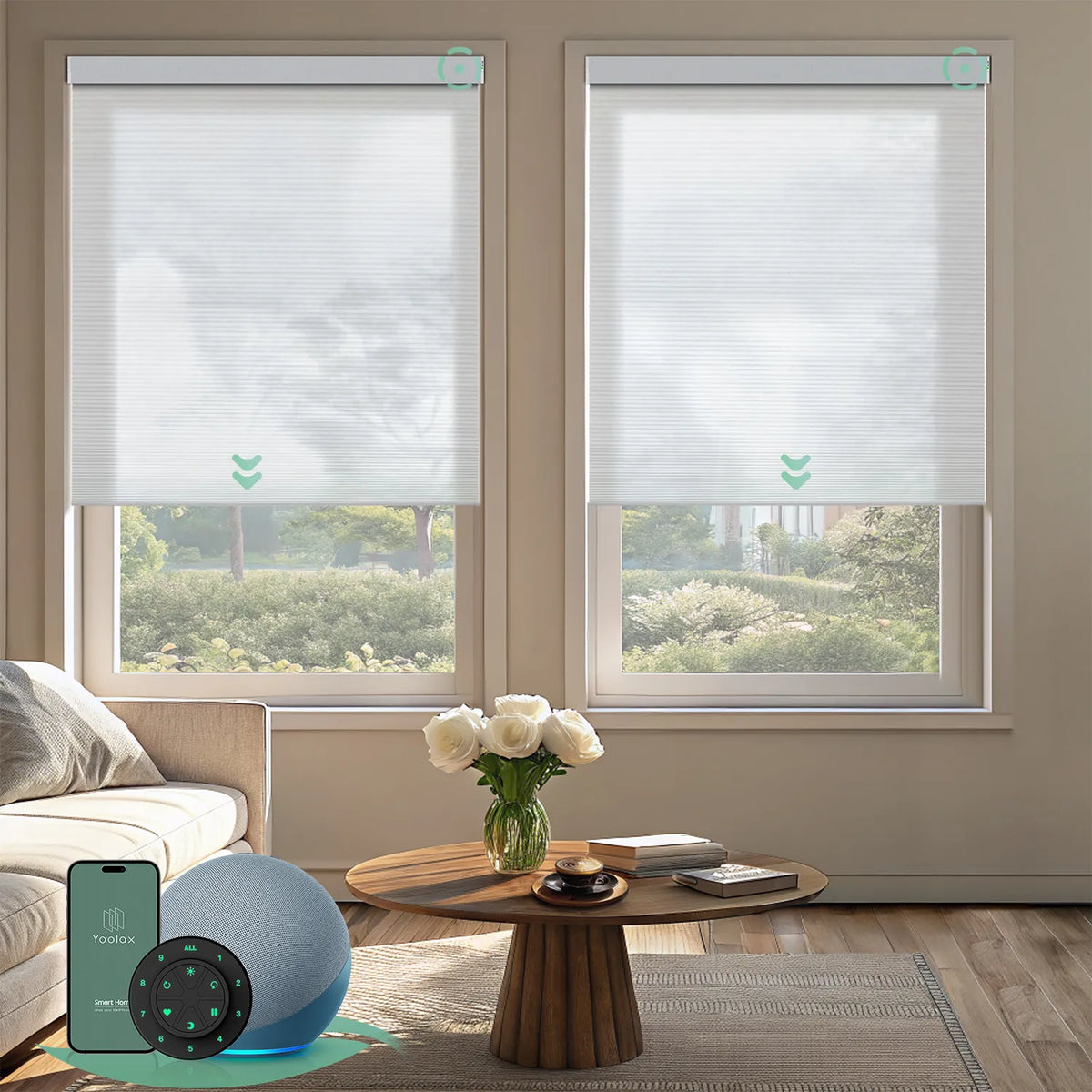 Motorized light-filtering honeycomb shades in double cell white fabric for living room.