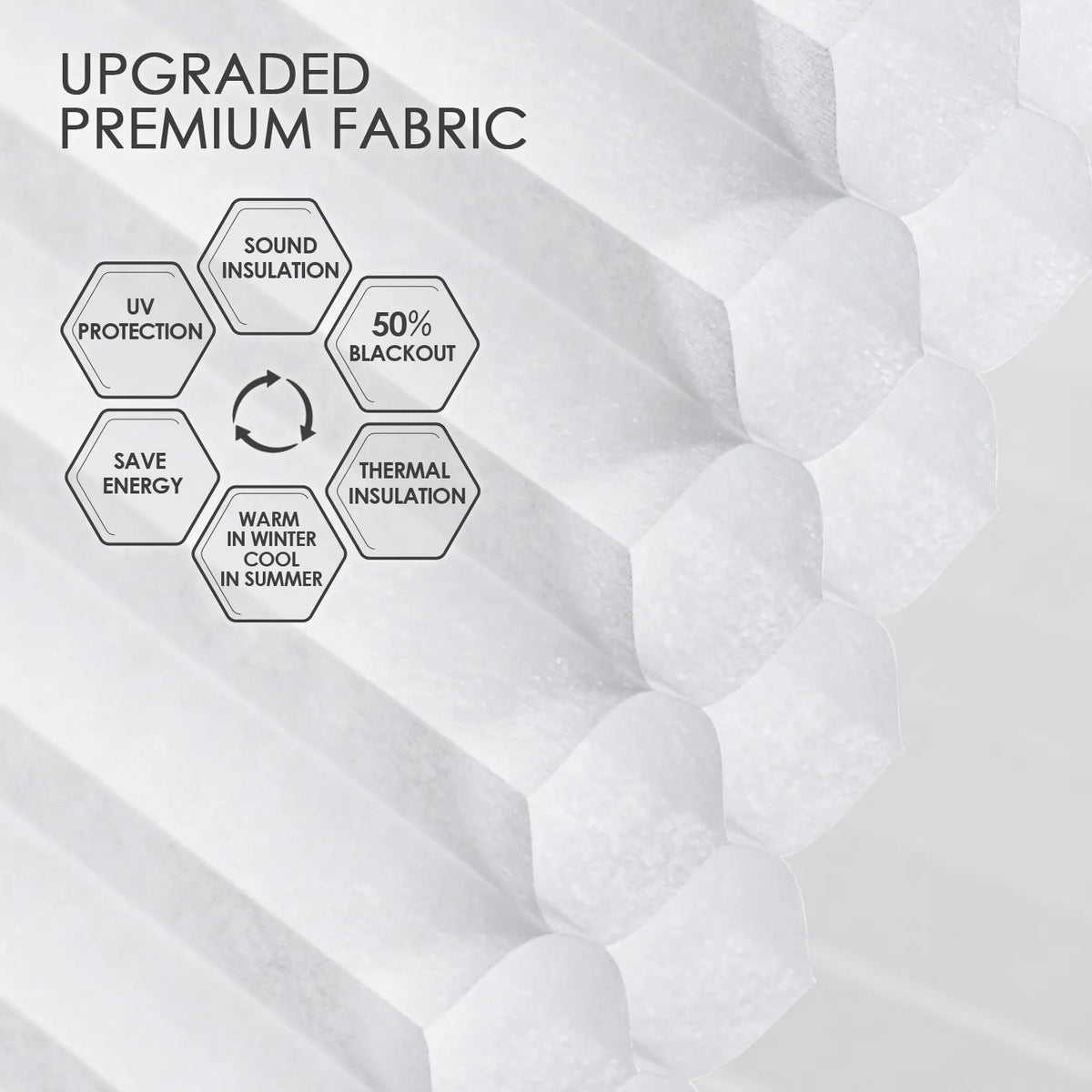 Light-filtering double cell honeycomb fabric with 50% blackout, sound and thermal insulation, and UV protection for energy saving and year-round comfort.