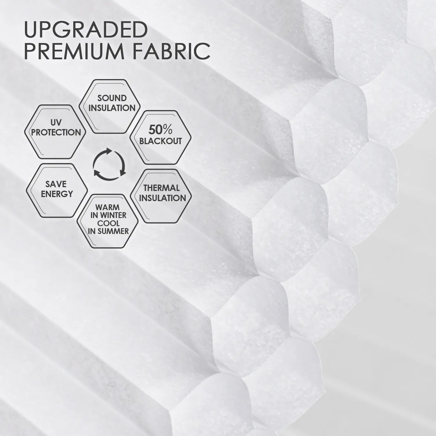 Light-filtering double cell honeycomb fabric with 50% blackout, sound and thermal insulation, and UV protection for energy saving and year-round comfort.