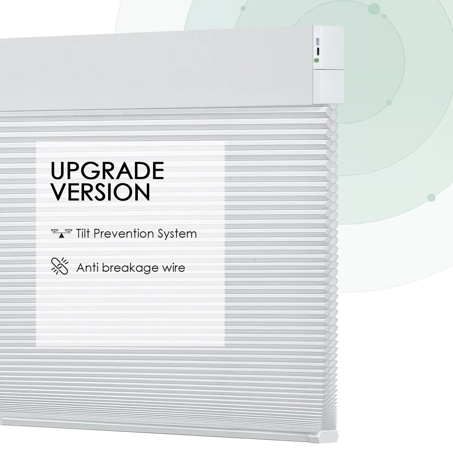 White motorized light-filtering double cell honeycomb shades with stable design, including tilt prevention system and anti-breakage wire.