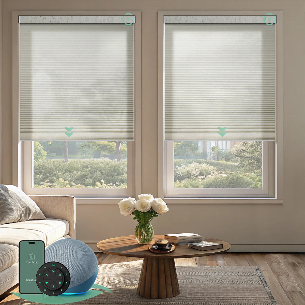 Motorized light-filtering honeycomb shades in linen beige fabric for living room.