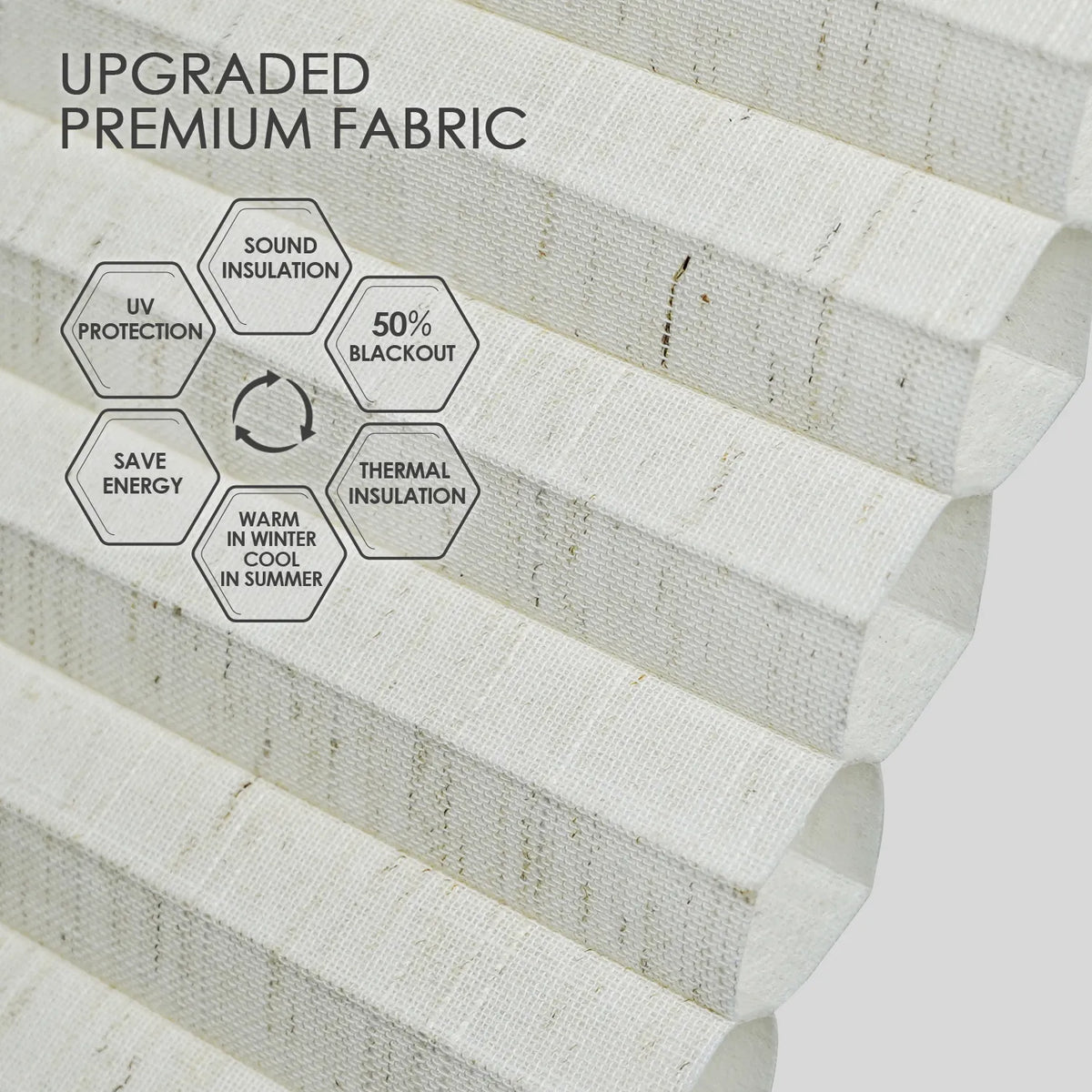 Light-filtering honeycomb fabric with 50% blackout, sound and thermal insulation, and UV protection for energy saving and year-round comfort.