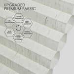 Light-filtering honeycomb fabric with 50% blackout, sound and thermal insulation, and UV protection for energy saving and year-round comfort.