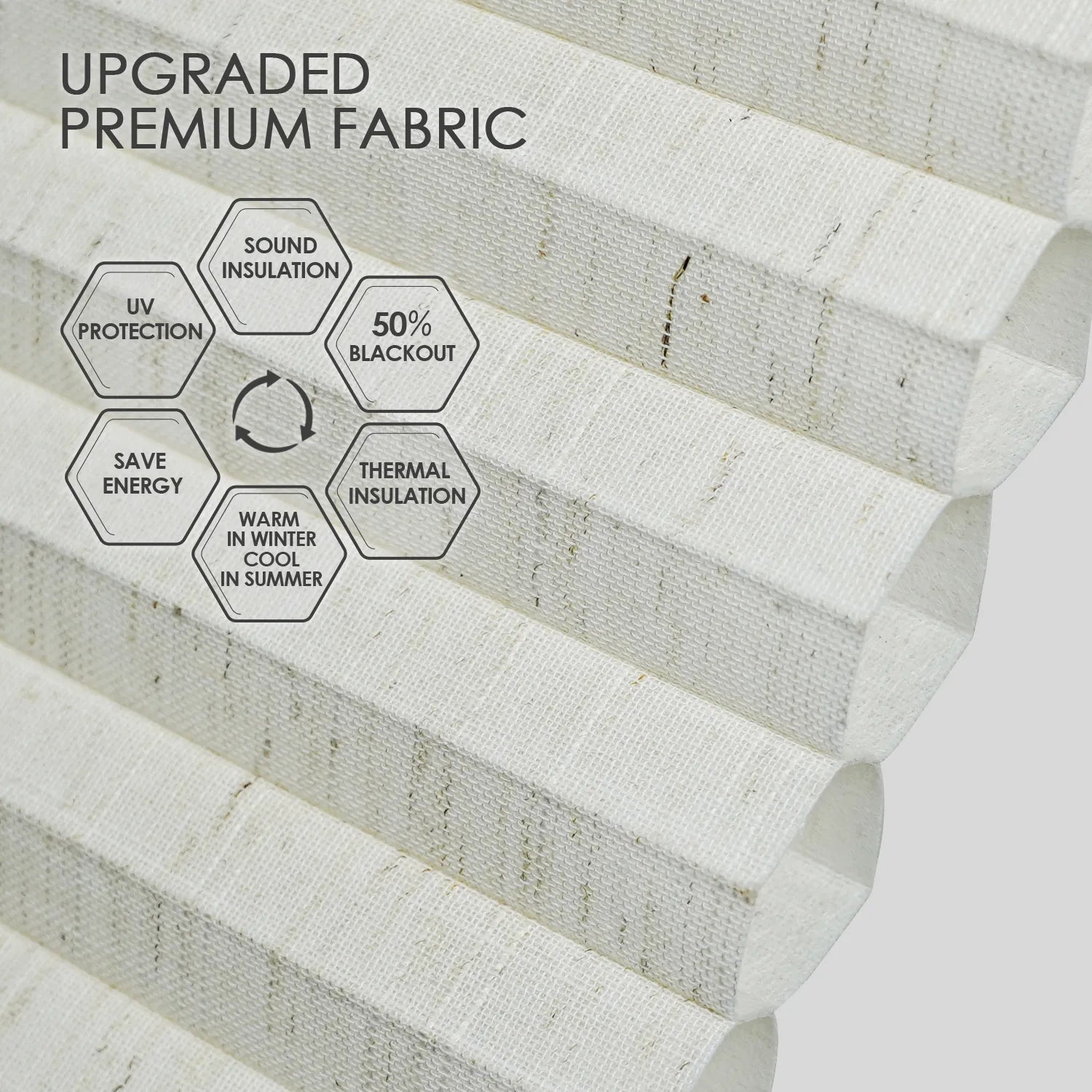 Light-filtering honeycomb fabric with 50% blackout, sound and thermal insulation, and UV protection for energy saving and year-round comfort.