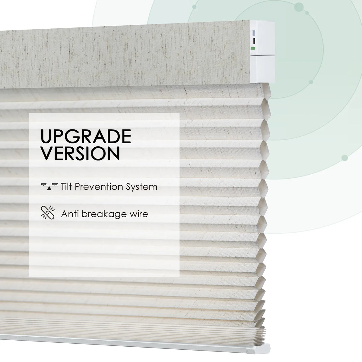 Linen beige motorized light-filtering honeycomb shades with stable design, including tilt prevention system and anti-breakage wire.