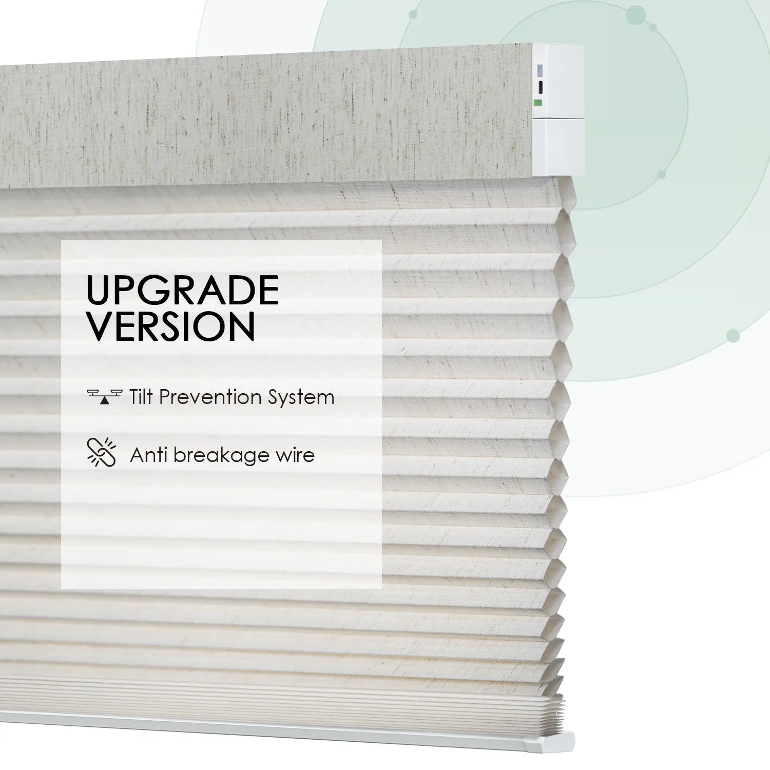 Linen beige motorized light-filtering honeycomb shades with stable design, including tilt prevention system and anti-breakage wire.